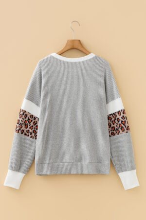 Gray Leopard Print Colorblock Patchwork Ribbed Knit Top - Image 4
