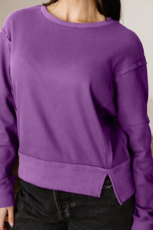 Orchid Mist Solid Color Raw Seam Patchwork Ribbed Drop Shoulder Sweatshirt - Image 19