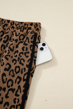 Brown Varsity Striped Trim Leopard Long Sleeve Top Drawstring Pant Set - Image 8