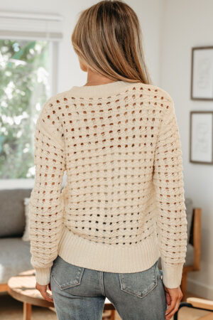 Beige Hollowed Pattern Knit Zip Up Drop Shoulder Sweater Cardigan - Image 17