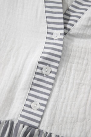Gray Stripe Half Button Gauze Patchwork Bracelet Sleeve Babydoll Blouse - Image 11