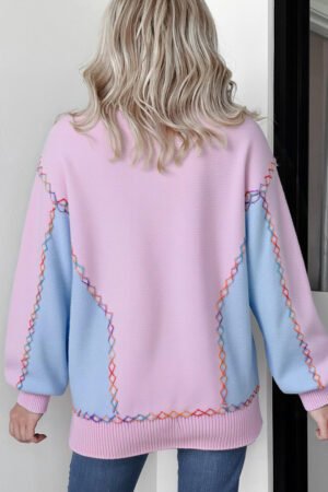 Orchid Bouquet Rainbow Stitching Balloon Sleeve Relaxed Sweater - Image 2