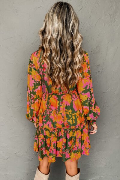 Alternative view of Multicolour Floral Print Long Sleeve Smocked Ruffled Mini Dress