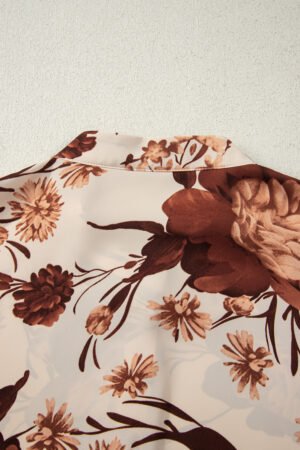 Brown Floral Print Button Down Poet Sleeve Shirt - Image 10