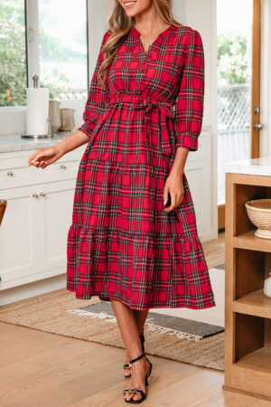 Red Christmas Plaid V Neck 3/4 Sleeve Tie Waist Ruffle Hem Long Dress - Image 10
