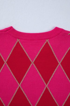 Christmas Rose Red Glitter Rhombus Pattern Knit Womens Casual Sweater - Image 8