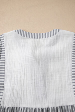 Gray Stripe Half Button Gauze Patchwork Bracelet Sleeve Babydoll Blouse - Image 9