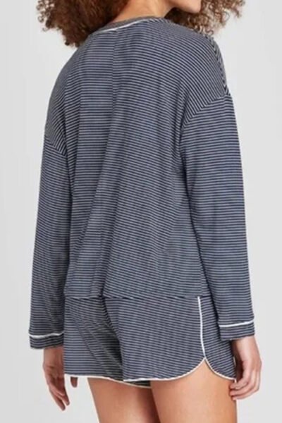 Alternative view of Blue Stripe Drop Shoulder Round Neck Long Sleeve Tee and Buttoned Shorts 2pcs Lounge Set