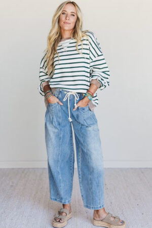 White Stripe Twisted Ribbed Patchwork Drop Shoulder Round Neck Sweatshirt - Image 5