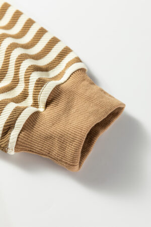 Brown Stripe Textured Drop Shoulder Pullover Top Drawstring Mini Skirt Two Piece Dress Set - Image 14