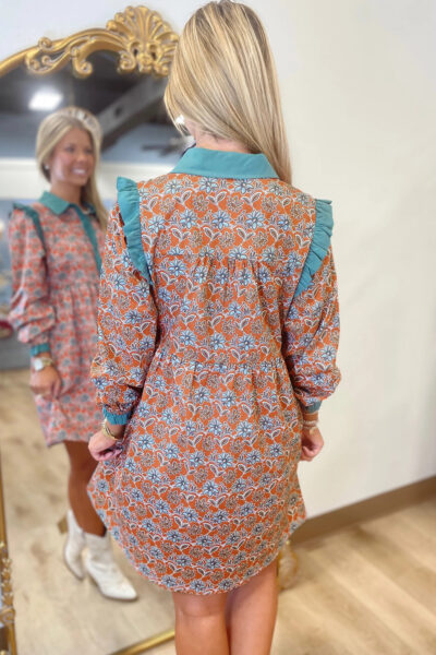 Alternative view of Orange Boho Floral Contrast Collared Shirt Mini Dress