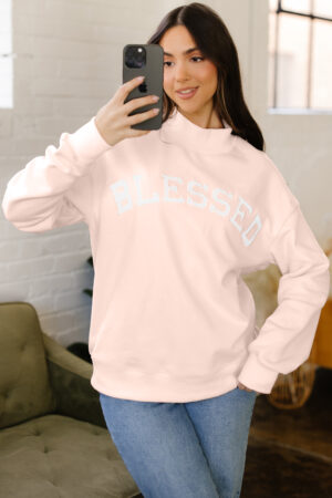 Light Pink Oversize Blessed Embroidered Mock Neck Sweatshirt - Image 7