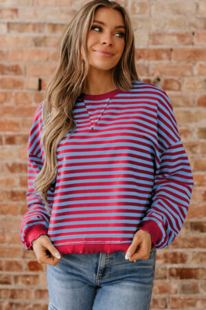 Red Stripe Exposed Seam Contrast Ribbed Trim Oversize Sweatshirt - Image 11