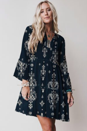 Alternative view of Blue Boho Floral Print Lettuce Trim 3/4 Sleeve Mini Dress