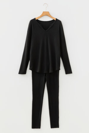 Black Ribbed Notched Neck Knit Long Sleeve Leggings Two Pieces Lounge Set - Image 7