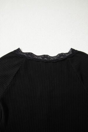Black Lace Neckline Button Decor Lettuce Edge Long Sleeve Ribbed Top - Image 10
