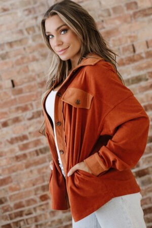 Gold Flame Velvet Flap Pockets Drop Shoulder Casual Shacket - Image 15