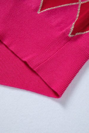 Christmas Rose Red Glitter Rhombus Pattern Knit Womens Casual Sweater - Image 7