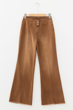 Coffee High Waist Button Fly Seamed Raw Hem Flare Jeans - Image 3