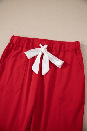 Fiery Red Contrast Trim Button V Neck Ribbon Bow Knot Waist 2pcs Lounge Pant Set - Image 11
