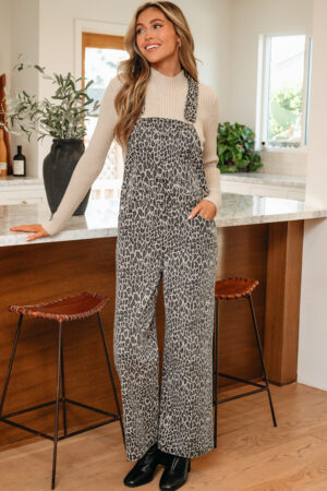 Brown Leopard Print Straight Leg Loose Denim Overall Jumpsuit - Image 12