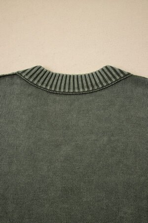 Four Leaf Clover Mineral Wash V Neck Knit Exposed Seam Drop Shoulder Loose Sweater - Image 12
