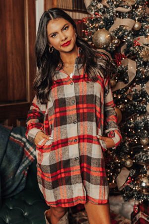 Red Brushed Plaid Buttoned Front Side Slit Tunic Shacket - Image 5