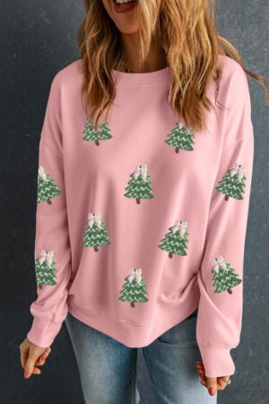 Pink Sequined Xmas Tree Patched Patterned Holiday Pullover Sweatshirt - Image 2