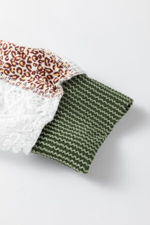 Vineyard Green Twisted Ribbed Leopard Lace Contrast Patchwork Long Sleeve Top - Image 9