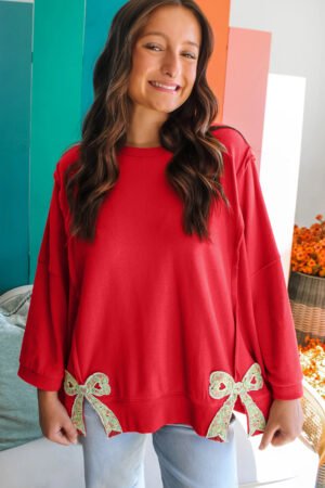 Fiery Red Floral Bow Patched Exposed Seam Patchwork Slit Baggy Sweatshirt - Image 5