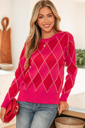 Christmas Rose Red Glitter Rhombus Pattern Knit Womens Casual Sweater - Image 13
