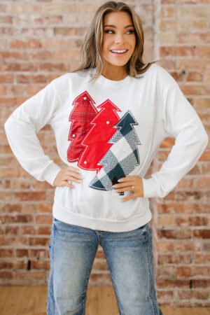White Pearl Plaid Christmas Tree Patched Drop Shoulder Sweatshirt - Image 5