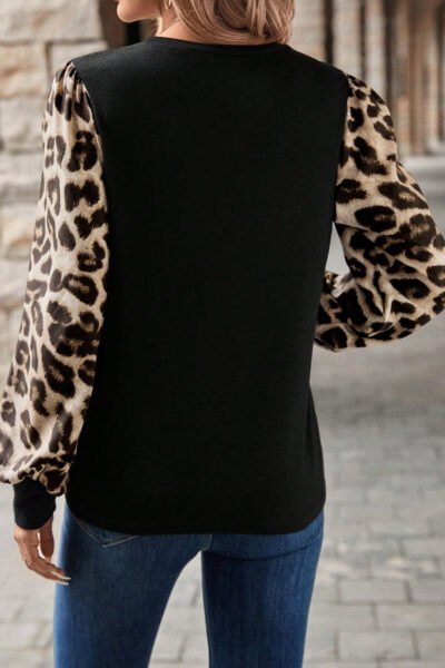 Alternative view of Khaki Leopard Puff Sleeve Patchwork Top
