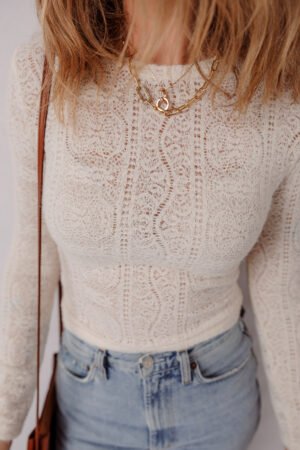 Jet Stream Semi Sheer Lace Long Sleeve Cropped Top - Image 3