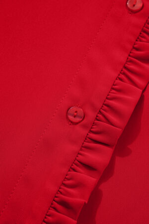 Fiery Red Frilled Trim Button Up Pleated Long Sleeve Shirt - Image 12