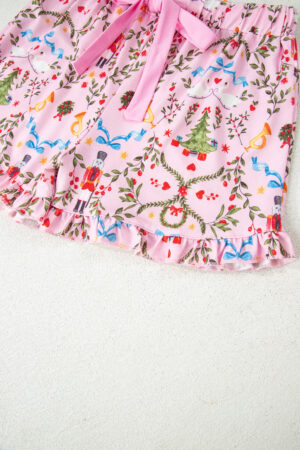 Pink Nutcracker Doll Christmas Print Ribbon Tie Waist Short 2pcs Pajama Set - Image 20