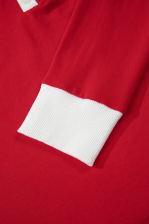 Fiery Red Contrast Trim Button V Neck Ribbon Bow Knot Waist 2pcs Lounge Pant Set - Image 7