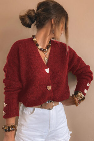 Fiery Red Heart Metal Button V Neck Cardigan Sweater - Image 11