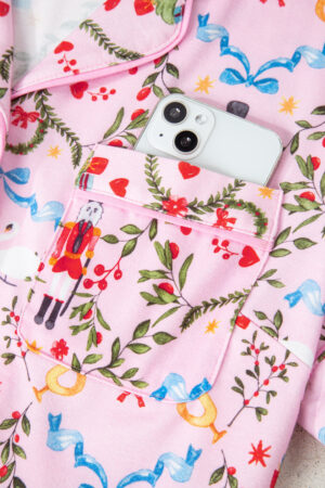 Pink Nutcracker Doll Christmas Print Ribbon Tie Waist Short 2pcs Pajama Set - Image 11