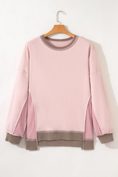 Alternative view of Light Pink Plus Color Block Waffle Patchwork Exposed Seam Baggy Sweatshirt