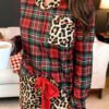 Racing Red Retro Plaid Leopard Print Patchwork Long Sleeve Shorts Pajama Set