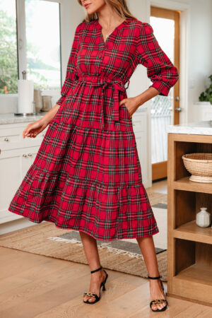 Red Christmas Plaid V Neck 3/4 Sleeve Tie Waist Ruffle Hem Long Dress - Image 11