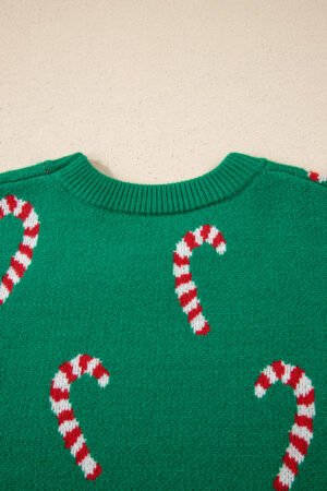Dark Green Christmas Candy Cane Holiday Drop Shoulder Sweater - Image 11
