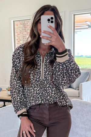 Khaki Leopard Print Half Zip up Blouse - Image 2