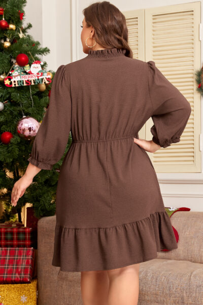 Alternative view of Coffee Plus Size Frilled Trim V Neck Puff Sleeve Textured Mini Dress