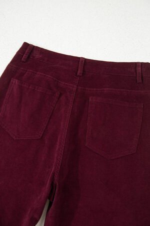 Burgundy Corduroy Solid Color High Waist Wide Leg Pants - Image 18