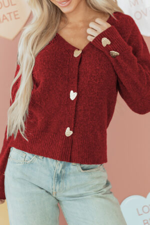 Alternative view of Fiery Red Heart Metal Button V Neck Cardigan Sweater