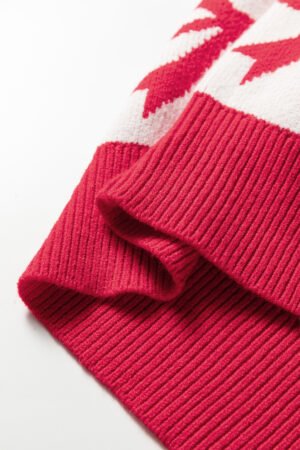 Red Bow Print 2-tone Rhombus Knit Loose Sweater - Image 14