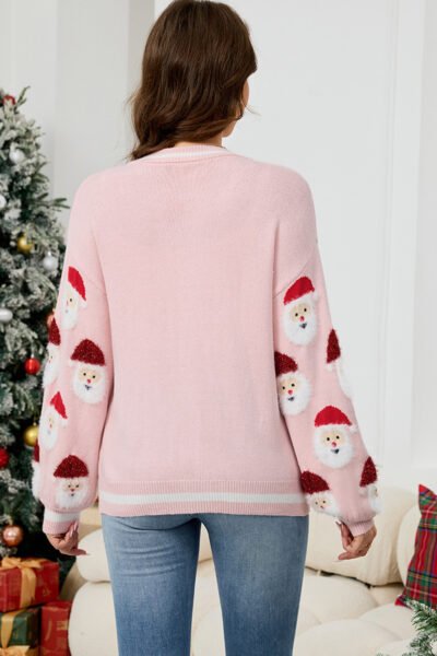 Pink Christmas Santa Claus Pattern Button V Neck Sweater Cardigan