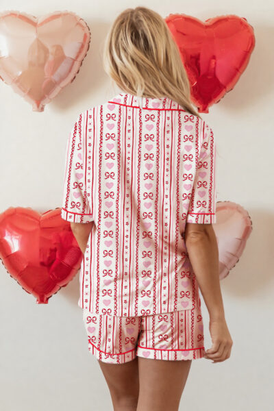 Alternative view of Red Cute Bow Heart Print Ribbon Decor Short 2pcs Pajama Set